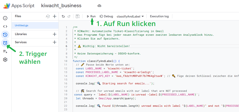 Skript ausführen und Trigger-Menü öffnen