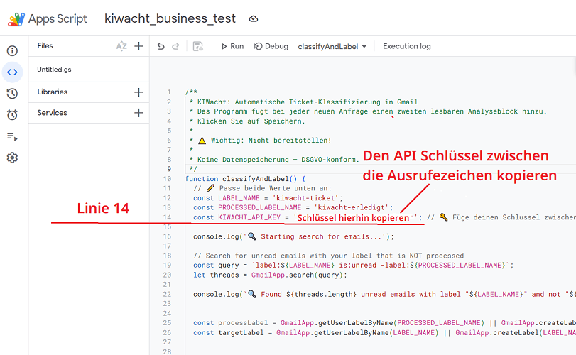 API-Schlüssel zwischen die Apostrophen einfügen