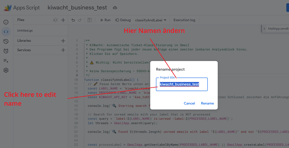 Neuen Projektnamen bestätigen
