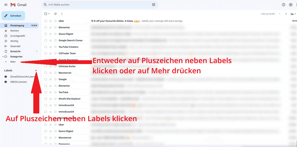 Schritt 1: Gmail öffnen und auf Labels klicken
